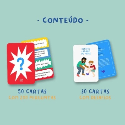 Cartas de jogo coloridas com perguntas e desafios em fundo verde-água
