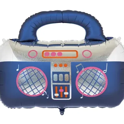 Balão metálico formato rádio boombox azul e prata com alça e detalhes coloridos