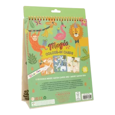 Conjunto de cartões para colorir à água com embalagem verde e ilustrações de animais