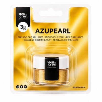 Frasco com pó perlado dourado em embalagem amarela e transparente com texto AZUPEARL