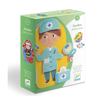 Jogo magnético infantil de médico com peças coloridas em caixa verde e branca