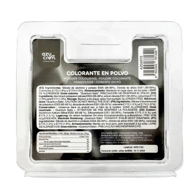 Embalagem de colorante em pó azucren com rótulo preto e branco