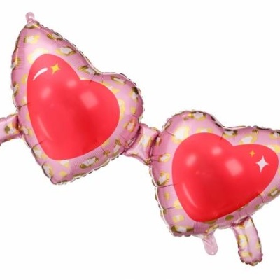 Balão duplo em formato de corações vermelho e rosa com detalhes dourados