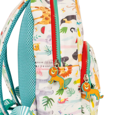 Mochila infantil colorida com estampa de animais e puxadores de leão