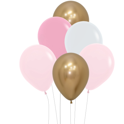 Seis balões em látex em cores dourado metálico, rosa claro, branco e rosa pálido