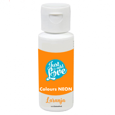 Frasco branco com rótulo laranja e texto 'Just add Love', 'Colours NEON', 'Laranja'