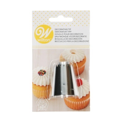 Ponta de decoração metálica prateada Wilton em embalagem com imagens de cupcakes