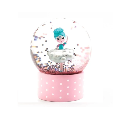 Globo de neve com figura de bailarina em base rosa às bolinhas brancas