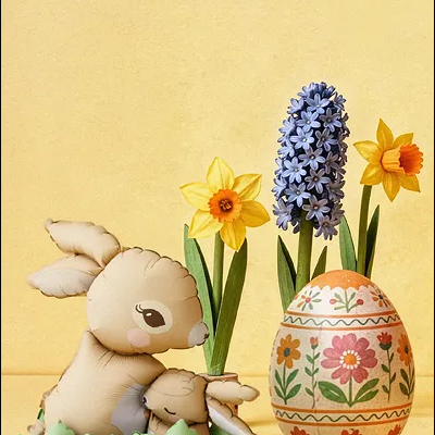 Figura decorativa de coelhos com flores artificiais e ovo pintado colorido em fundo amarelo