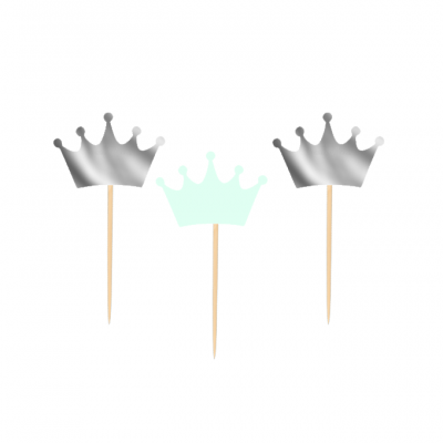 Toppers de bolo em forma de coroa prateada com palitos de madeira
