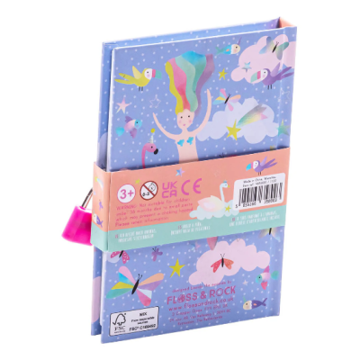 Caderno ilustrado com faixa de embalagem e ilustrações coloridas