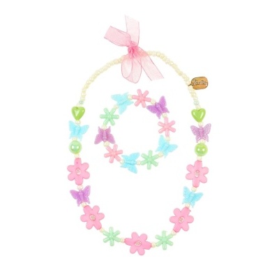 Conjunto de bijuteria infantil com flores e borboletas coloridas e pérolas brancas
