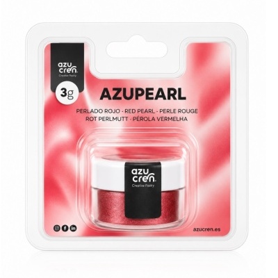 Pó comestível perolado vermelho AZUPEARL em frasco com tampa branca na embalagem plástica vermelha e branca.