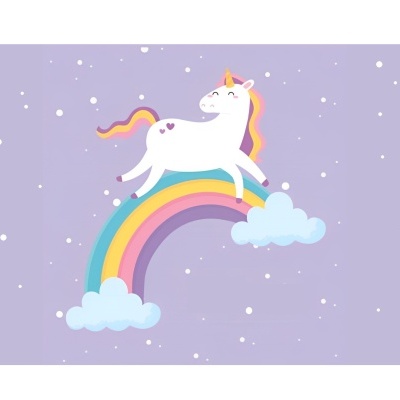 Desenho de unicórnio em arco-íris com fundo lilás e estrelas