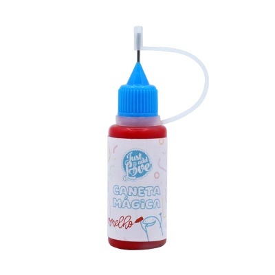 Frasco de tinta vermelha para caneta mágica com tampa azul e aplicador fino