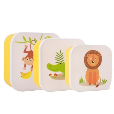 Caixas de armazenamento amarelas com tampas brancas e desenhos de macaco, crocodilo e leão