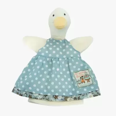 Boneco de peluche em forma de pato com vestido azul às bolinhas brancas