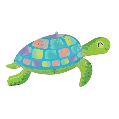 Inflável de tartaruga colorida com padrão geométrico no casco