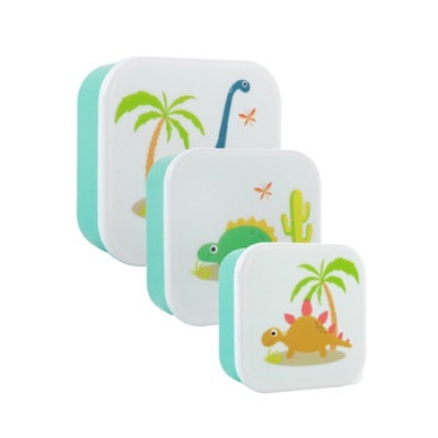 Três caixas quadradas com desenhos de dinossauros e palmeiras