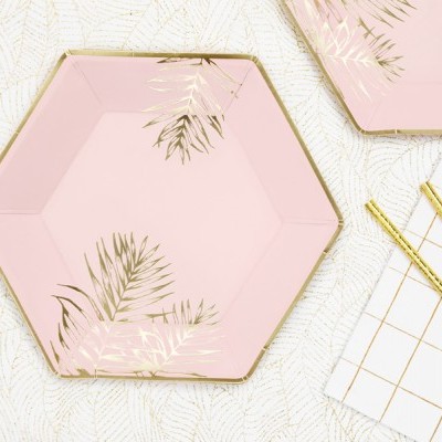 Prato hexagonal cor-de-rosa com folhas douradas e borda dourada