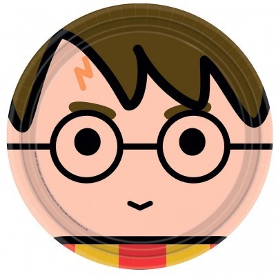 Prato com desenho estilizado de rosto com óculos e cachecol às riscas.