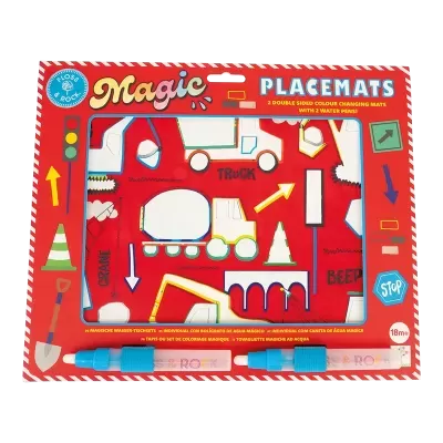 Conjunto Magic Placemats com desenho de veículos e canetas de água em fundo vermelho