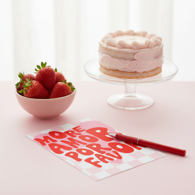 Bolo rosa, morangos numa taça rosa e cartão com texto em vermelho numa mesa rosa