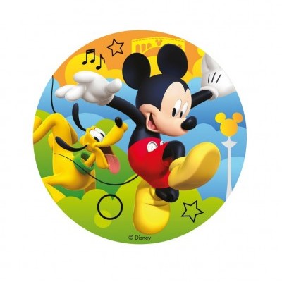 Ilustração colorida circular de Mickey Mouse e Pluto com fundo vibrante