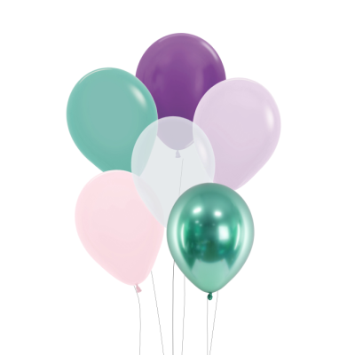 Seis balões coloridos lisos e brilhantes sobre fundo branco