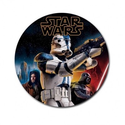 Imagem circular com personagens Star Wars e texto STAR WARS
