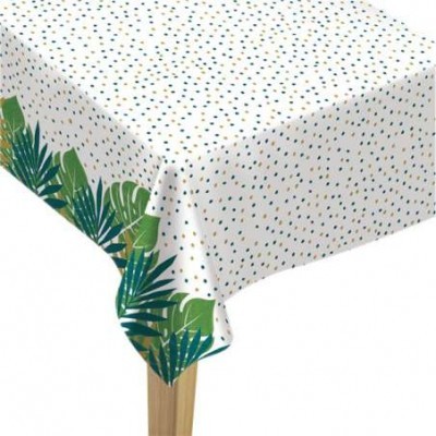 Toalha de mesa branca com pontos coloridos e borda de folhas verdes