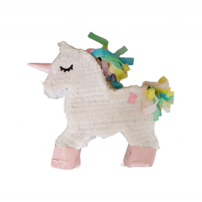 Piñata de unicórnio branco com crina e cauda coloridas e chifre rosa