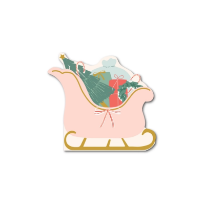 Ilustração de trenó rosa com presentes, pinheiro e bastões de doces
