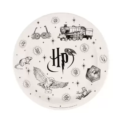 Prato descartável branco com desenhos Harry Potter em preto