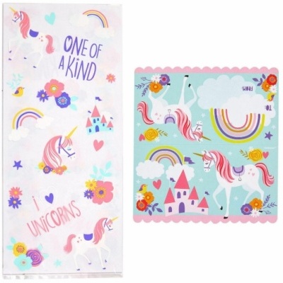 Toalha e guardanapo com unicórnios, arco-íris e castelos