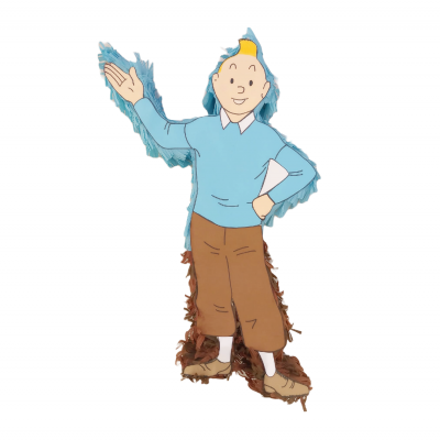 Figura decorativa da personagem Tintin com camisa azul e calças castanhas.