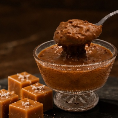 Doce de caramelo cremoso com pedaços de nozes numa taça de vidro e cubos de caramelo com sal grosso