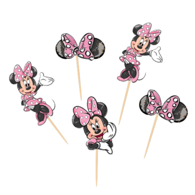 Toppers de bolo da Minnie com laços rosa e bolinhas brancas