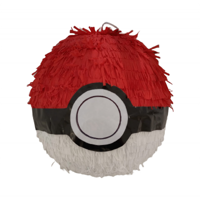 Piñata formato Poké Bola com papel frisado vermelho, branco e preto.