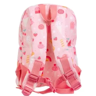 Mochila rosa com padrão de gelados e fruta, vista das alças