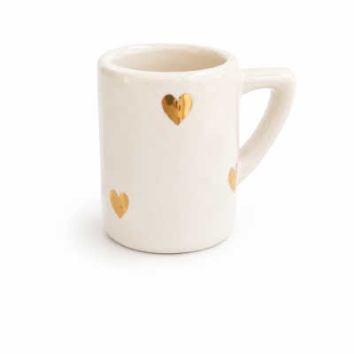 Caneca branca com corações dourados decorativos
