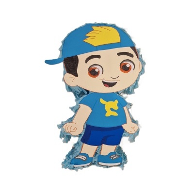 Piñata menino em papel azul e amarelo com franjas