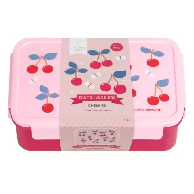 Caixa de almoço Bento rosa e vermelha com estampado de cerejas e borboletas.