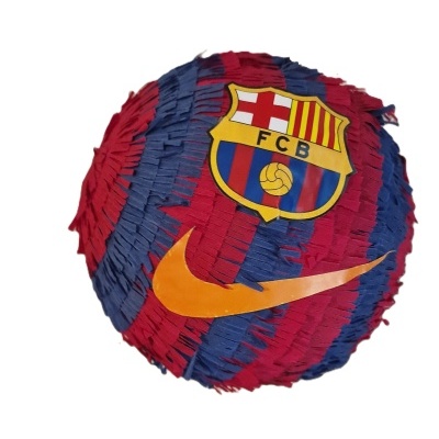 Piñata redonda com franjas vermelhas e azuis, emblema FC Barcelona e logo Nike laranja
