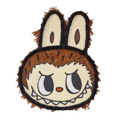 Almofada decorativa em forma de cabeça de coelho com rosto desenhado e franjas castanhas