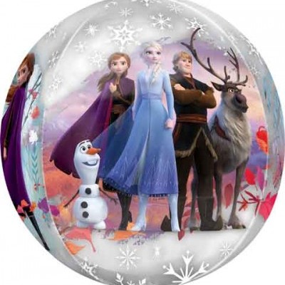 Balão transparente com personagens do filme Frozen e flocos de neve brancos
