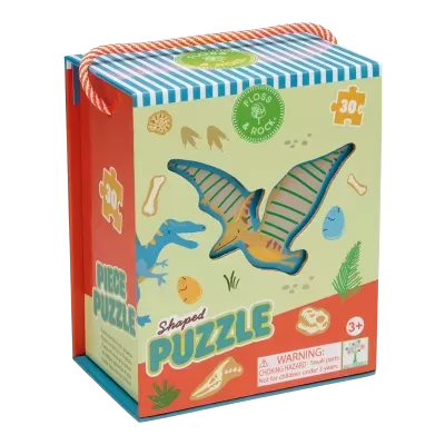 Puzzle em forma de pterodáctilo em caixa colorida com várias ilustrações e corda para transporte