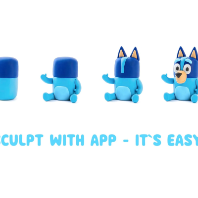 Etapas de montagem de uma figura azul em forma de cão com texto instrucional em azul