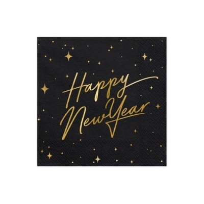 Guardanapo preto com texto dourado 'Happy New Year' e brilho decorativo