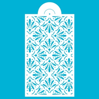 Stencil branco com padrão floral recortado sobre fundo azul
